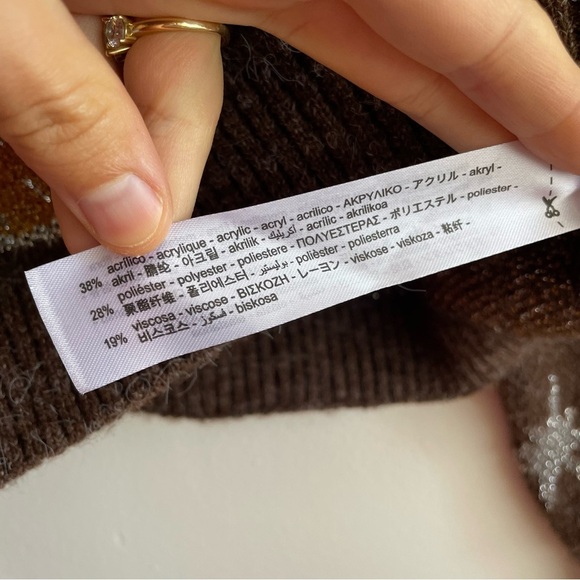 ZARA Western Cowboy Boot Nashville Horseshoe Sweater Brown Metallic Jacquard S - Picture 10 of 11